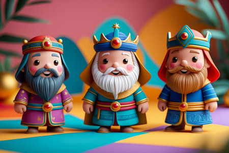 AI Generative Christian holiday Three Kings day in honor of worship baby Jesus, wise men brought gift of gold, frankincense and myrrhの素材