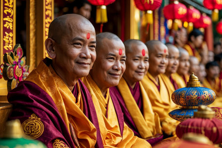 AI Generative People on Asian Buddhist holiday Mahayana New Year, monks in color orange robesの素材