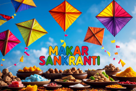 AI Generative Happy Indian and Nepalese Makar Sankranti Holiday Greeting Card, Text on Kite Background and Traditional Foodの素材