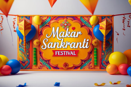 AI Generative Happy Indian and Nepalese Makar Sankranti Holiday Greeting Card, Text on colorful background festivalの素材