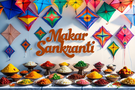 AI Generative Happy Indian and Nepalese Makar Sankranti Holiday Greeting Card, Text on Kite Background and Traditional Foodの素材