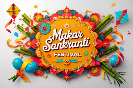 AI Generative Happy Indian and Nepalese Makar Sankranti Holiday Greeting Card, Text on colorful background festivalの素材