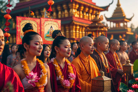 AI Generative People on Asian Buddhist holiday Mahayana New Year, men and women in traditional costumesの素材