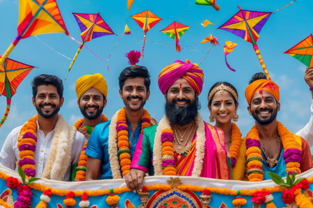 AI Generative Large group friends celebrate traditional Indian and Nepali holiday Makar Sankrantiの素材