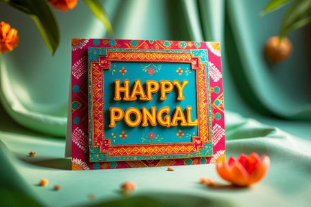 AI Generative Pongal Traditional Indian festive Holiday Greeting Card on Colored Background with Foodの素材