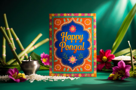 AI Generative Pongal Traditional Indian festive Holiday Greeting Card on Colored Background with Foodの素材