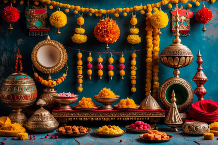 AI Generative Pongal Traditional Indian Holiday Food, Decorated Dining Table with Indian Dishes cuisineの素材
