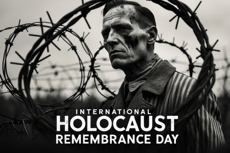 AI Generative Banner poster for International Holocaust Remembrance Day, man imprisoned in concentration camp behind barbed wireの素材