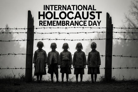 AI Generative Banner poster for International Holocaust Remembrance Day, children imprisoned in concentration camp behind barbed wireの素材