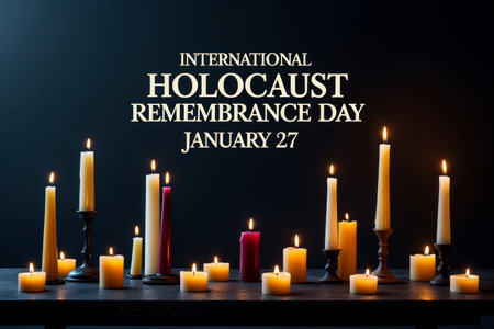 AI Generative Banner poster for International Holocaust Remembrance Day, Burning candles on dark backgroundの素材