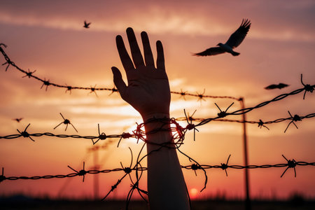 AI Generative Jew inmate in concentration camp stretches his hand up above barbed wire, International Holocaust Remembrance Dayの素材