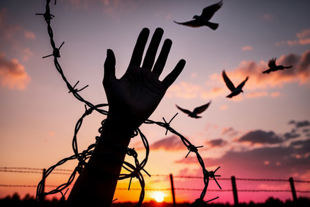 AI Generative Jew inmate in concentration camp stretches his hand up above barbed wire, International Holocaust Remembrance Dayの素材
