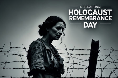 AI Generative Banner poster for International Holocaust Remembrance Day, woman imprisoned in concentration camp behind barbed wireの素材