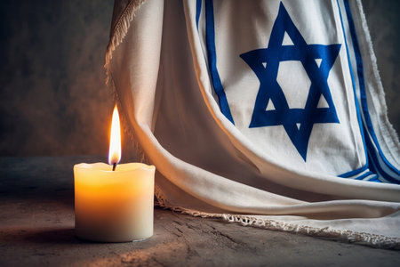 AI Generative Burning candle on background flag of Israel, International Holocaust Remembrance Day of Remembrance of Jewish Victimsの素材