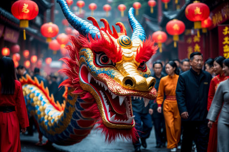 AI Generative People celebrating Chinese New Year, men and women in traditional costumes at parade in Chinaの素材
