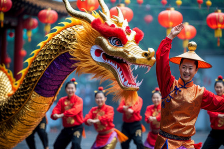 AI Generative People celebrating Chinese New Year, men and women in traditional costumes at parade in Chinaの素材