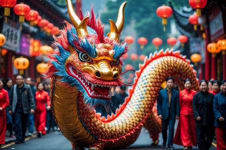 AI Generative People celebrating Chinese New Year, men and women in traditional costumes at parade in Chinaの素材