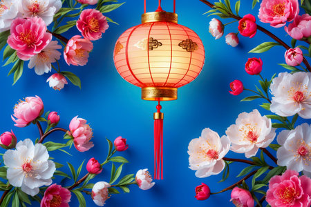 AI Generative Background traditional Chinese New Year symbols with lanterns and cherry branchesの素材
