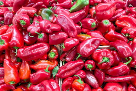 Peppers in basket at the grocery store, fruits and vegetables are sold at the marketの写真素材