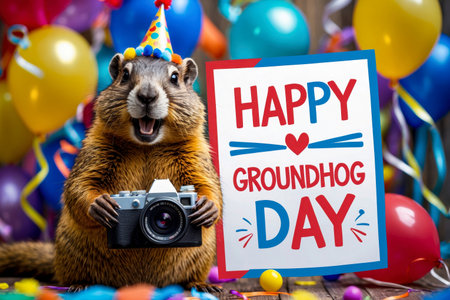 AI Generative Happy Groundhog Day Greeting postcard Card, seasonal Winter Holiday festive Partyの素材