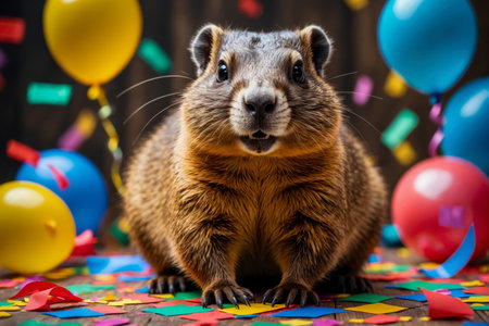 AI Generative Cute fluffy animal having fun at winter seasonal festive holiday groundhog day partyの素材