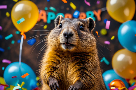 AI Generative Cute fluffy animal having fun at winter seasonal festive holiday groundhog day partyの素材