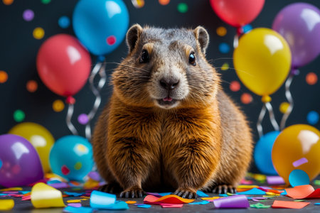 AI Generative Cute fluffy animal having fun at winter seasonal festive holiday groundhog day partyの素材