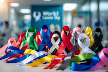 AI Generative Colored ribbons symbol of fight disease, World Cancer Day and Support Sick Peopleの素材