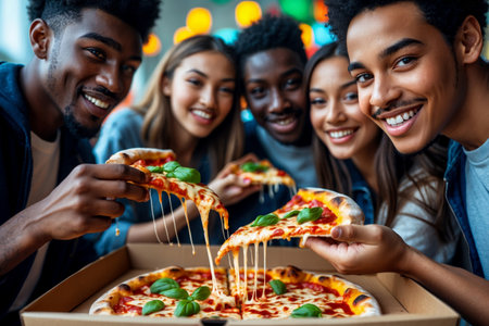 AI Generative Large group of friends family eating Italian cuisine and celebrating National Pizza Dayの素材