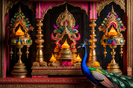 AI Generative Thaipusam Hindu holiday greeting background with peacock feather and oil lampの素材