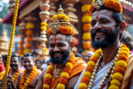 People at festival in traditional Hindu festival of Thaipusam, happy men and women holiday AI Generativeの素材