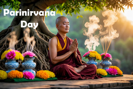 AI Generative Greeting card on the Buddhist holiday of Parinirvana Day in honor of the Buddha reached full Nirvanaの素材