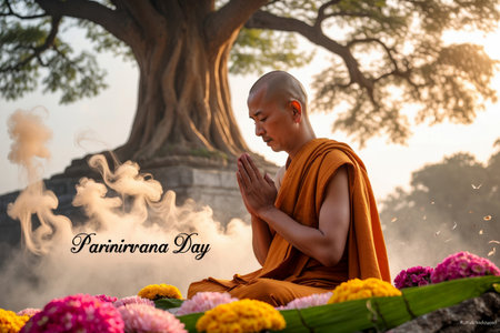 AI Generative Greeting card on the Buddhist holiday of Parinirvana Day in honor of the Buddha reached full Nirvanaの素材