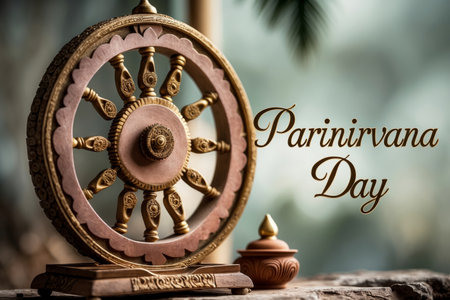 AI Generative Greeting card on the Buddhist holiday of Parinirvana Day in honor of the Buddha reached full Nirvanaの素材