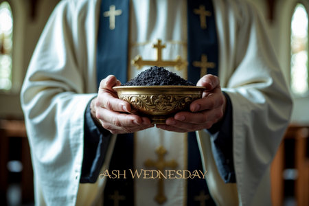 AI Generative Greeting card on Christian religious holiday Ash Wednesday, pastor holds bowl of ashesの素材