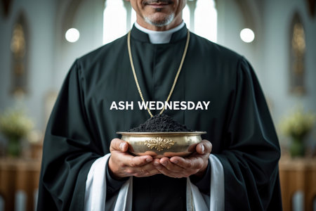 AI Generative Greeting card on Christian religious holiday Ash Wednesday, pastor holds bowl of ashesの素材