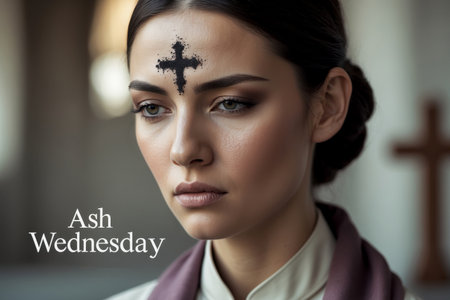 AI Generative Greeting card on Christian religious holiday Ash Wednesday, woman with ashen cross on foreheadの素材