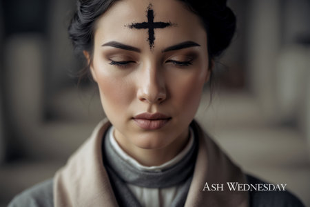 AI Generative Greeting card on Christian religious holiday Ash Wednesday, woman with ashen cross on foreheadの素材