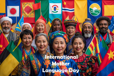 AI Generative International Mother Language Day greeting card, people speak different speeches idiomの素材