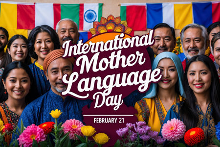 AI Generative International Mother Language Day greeting card, people speak different speeches idiomの素材