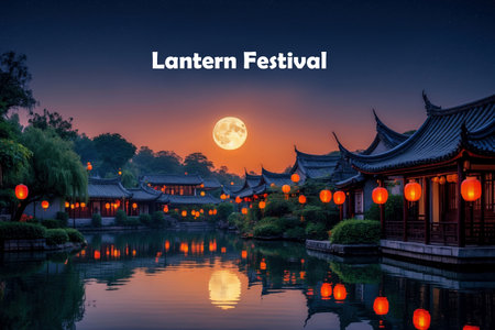 AI Generative Greeting Card postcard on Traditional Taiwanese and Chinese Holiday Lantern Festivalの素材