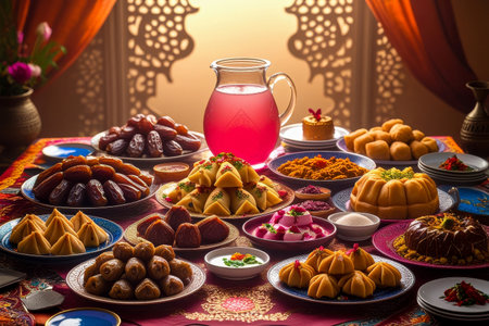 AI Generative Traditional family meal food iftar suhoor for the Muslim Islam holiday of Ramadanの素材