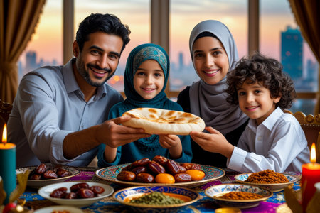 AI Generative Traditional family dinner iftar suhoor for celebrate Muslim Islamic holiday of Ramadanの素材