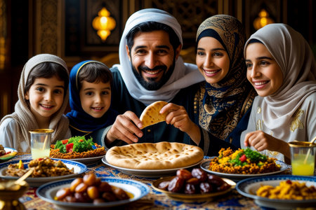 AI Generative Traditional family dinner iftar suhoor for celebrate Muslim Islamic holiday of Ramadanの素材