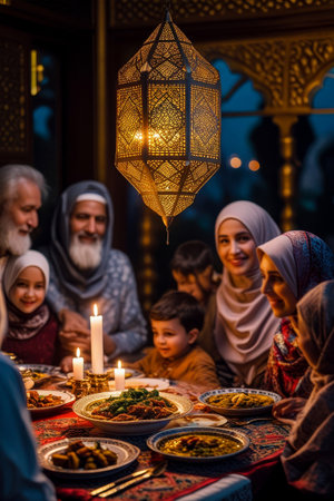 AI Generative Traditional family dinner iftar suhoor for celebrate Muslim Islamic holiday of Ramadanの素材