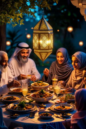 AI Generative Traditional family dinner iftar suhoor for celebrate Muslim Islamic holiday of Ramadanの素材