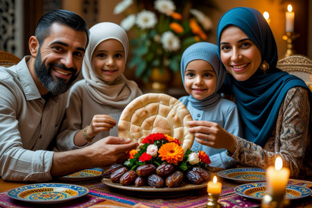 AI Generative Traditional family dinner iftar suhoor for celebrate Muslim Islamic holiday of Ramadanの素材