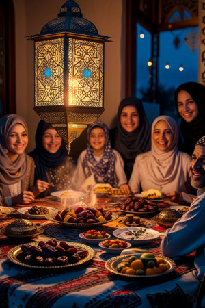 AI Generative Traditional family dinner iftar suhoor for celebrate Muslim Islamic holiday of Ramadanの素材