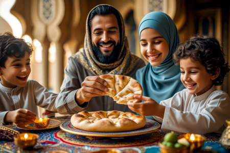 AI Generative Traditional family dinner iftar suhoor for celebrate Muslim Islamic holiday of Ramadanの素材