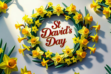 AI Generative Greeting postcard card on the traditional Wales Welsh national holiday of Saint David's Dayの素材